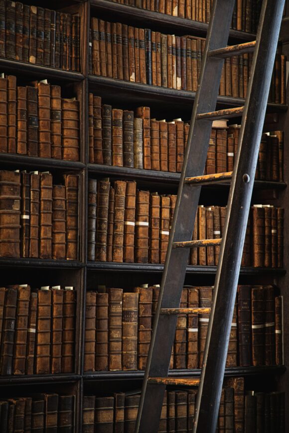 Ein Regal voller alter Bücher, davor steht eine Leiter mit abgenutzten Sprossen.